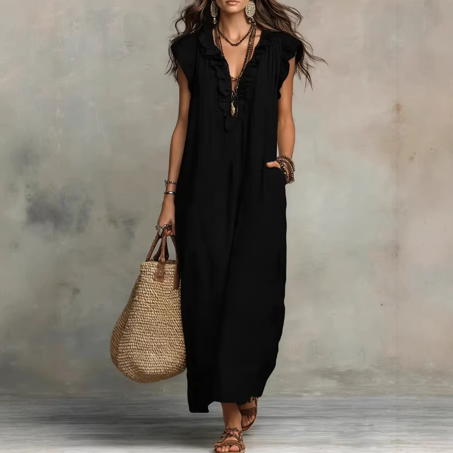 Women's Sleeveless Maxi Dress – Ruffle Trim with Pockets
