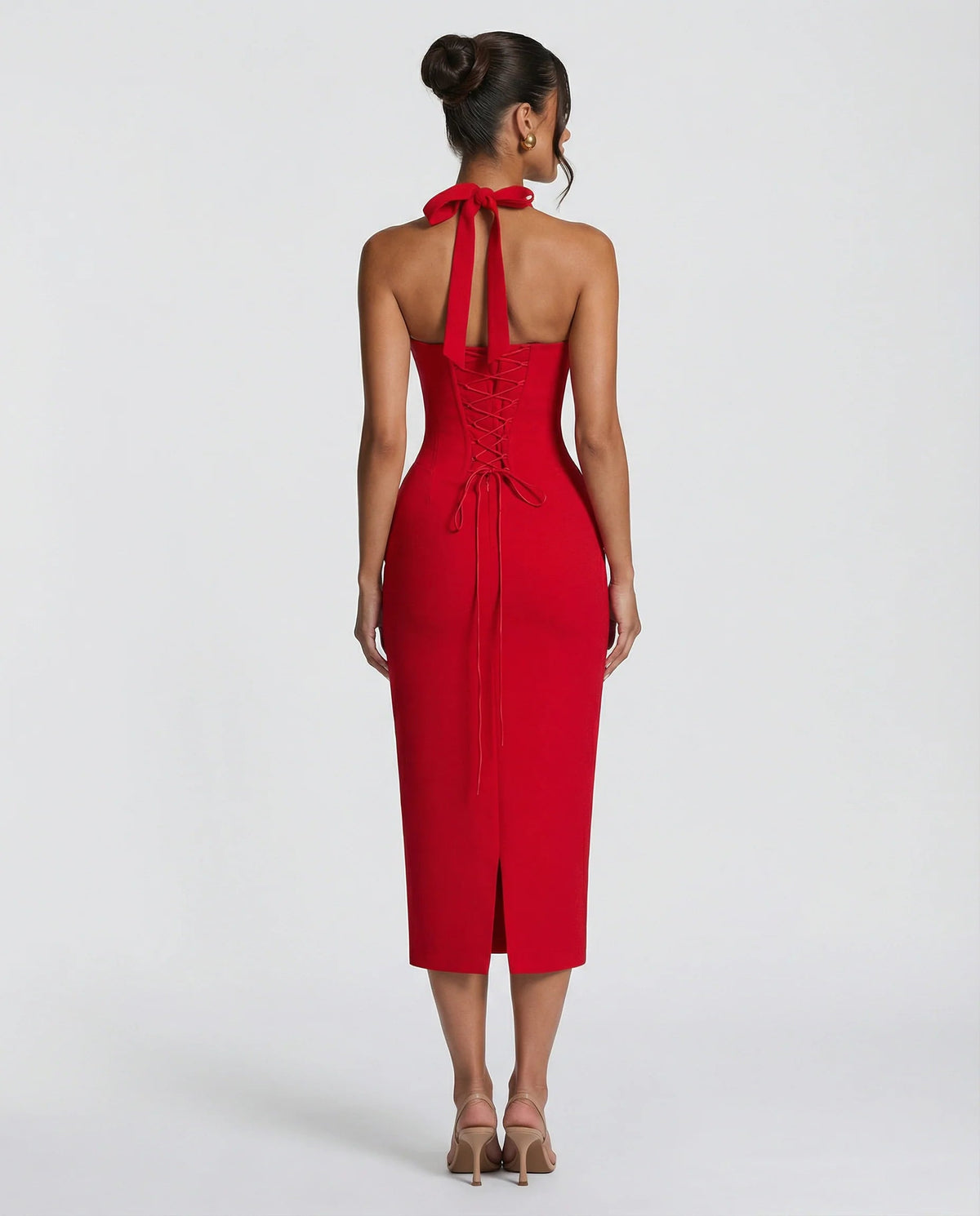 Women's Halter Midi Dress – Structured Back-Slit Cut