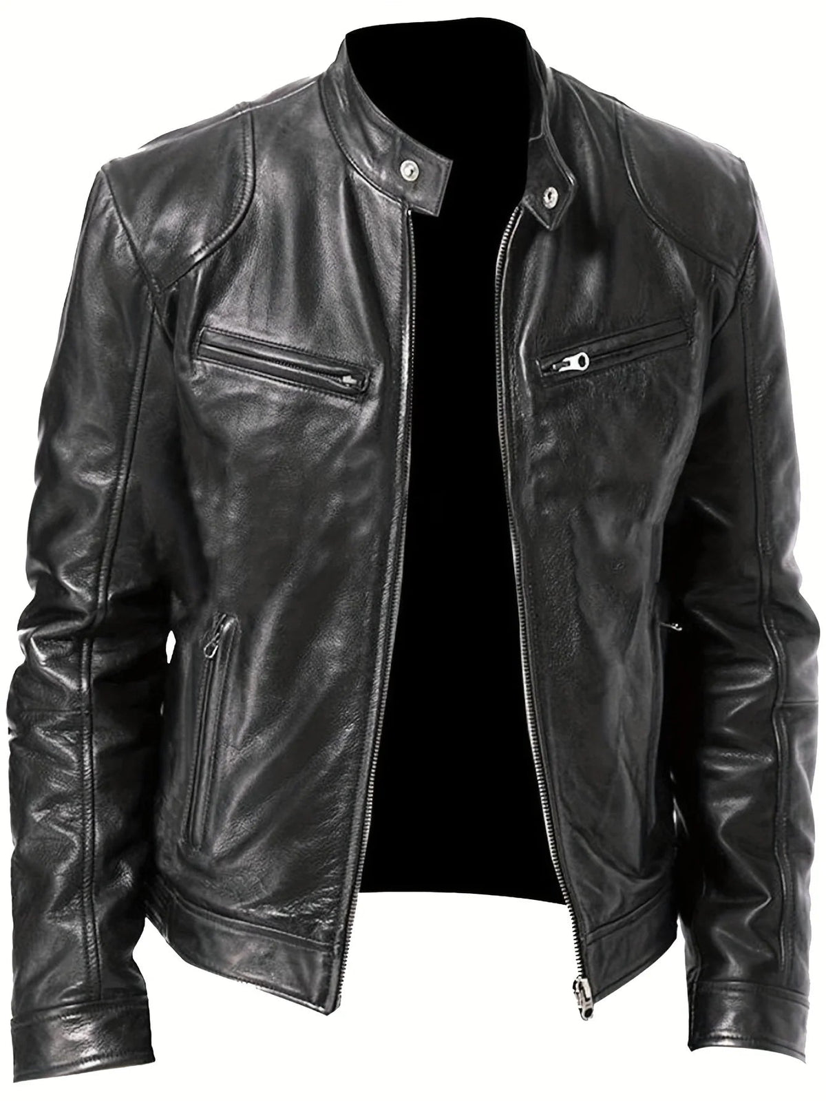 Men's Stand Collar Faux Leather Jacket – Slim Zip Front