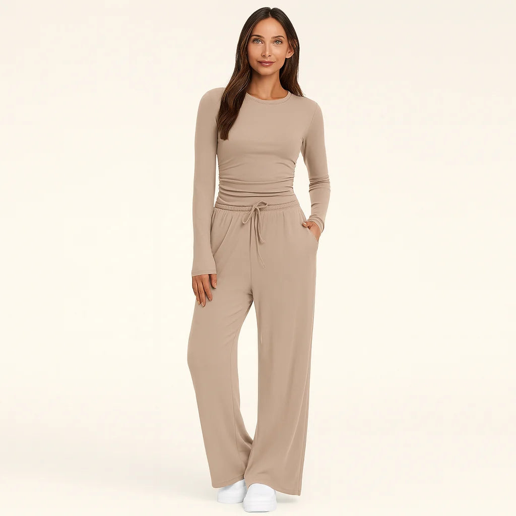 Women's Two-Piece Set – Wide-Leg Pants & Long-Sleeve Top