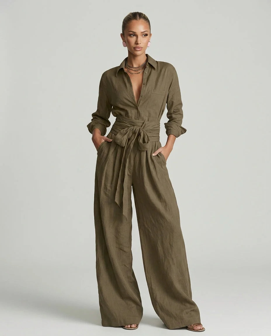 Women's Linen-Cotton Two-Piece Set – Tie-Waist Shirt and Pants