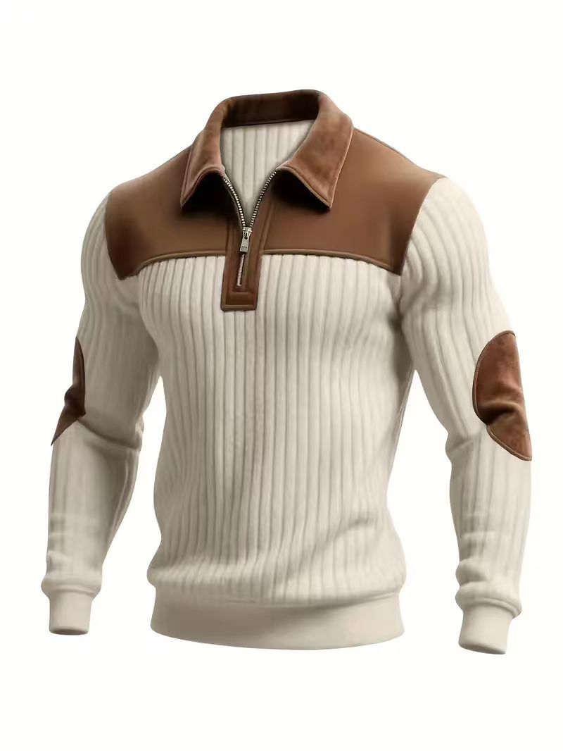 Men's Patchwork Knit Sweater – Notch Collar Zip Neck