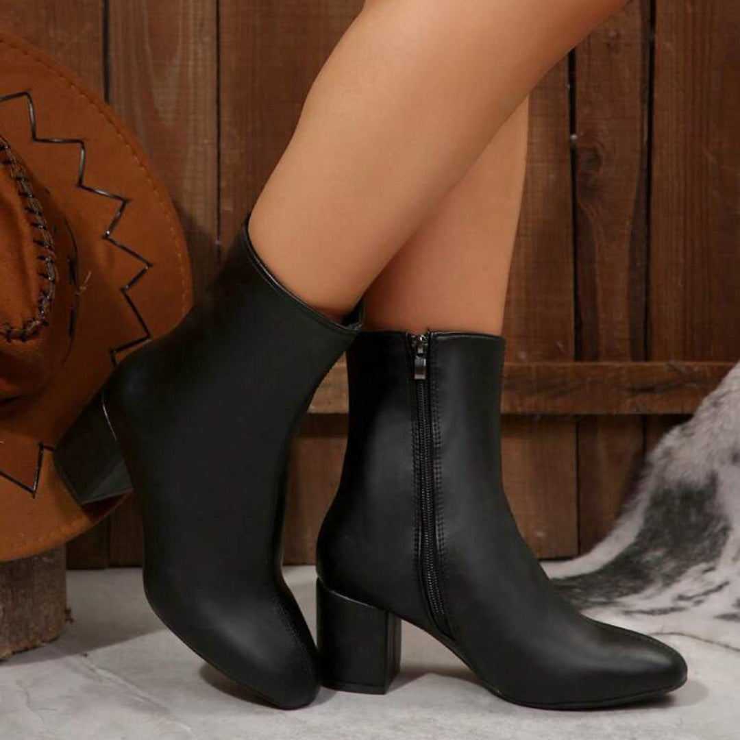 Women's Block Heel Ankle Boot – Square Toe Side Zip