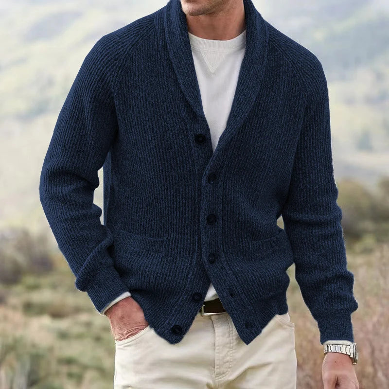 Men's V-Neck Knit Cardigan – Relaxed Thick-Knit Fit