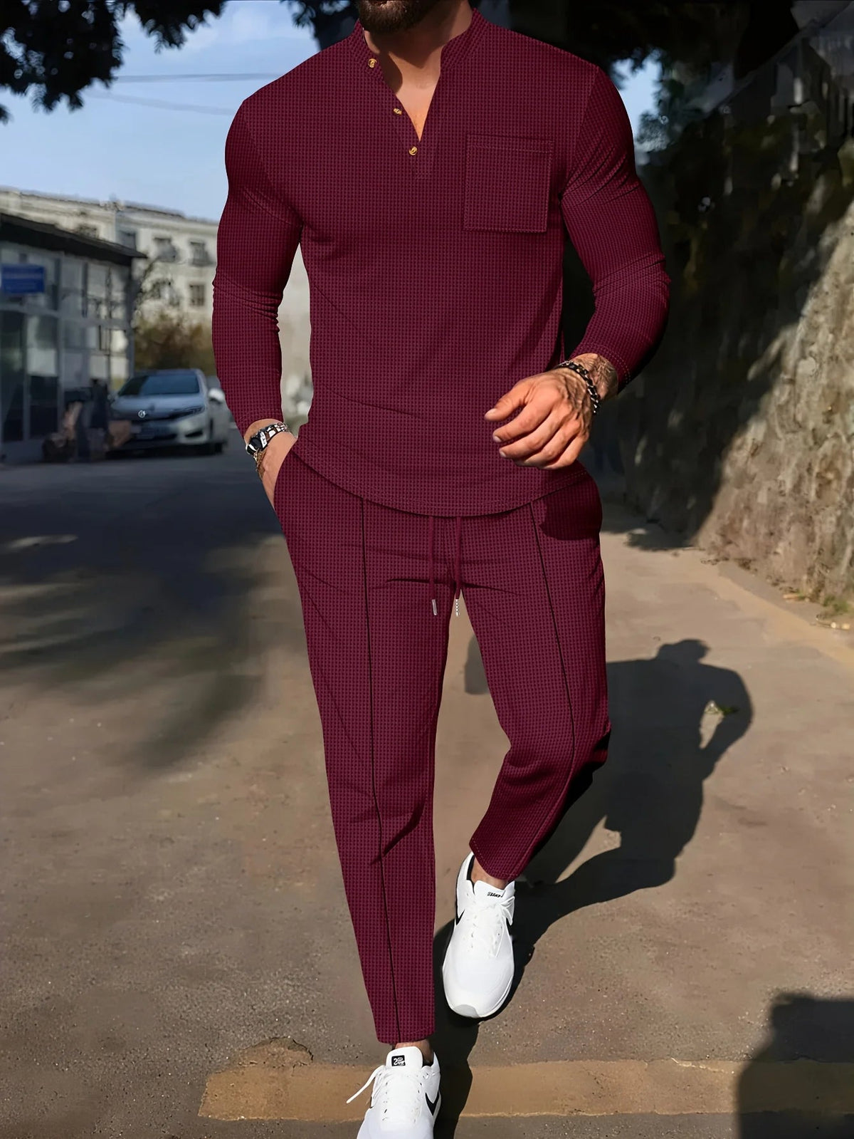 Men's Waffle-Knit Two-Piece Set – Henley and Drawstring Pants