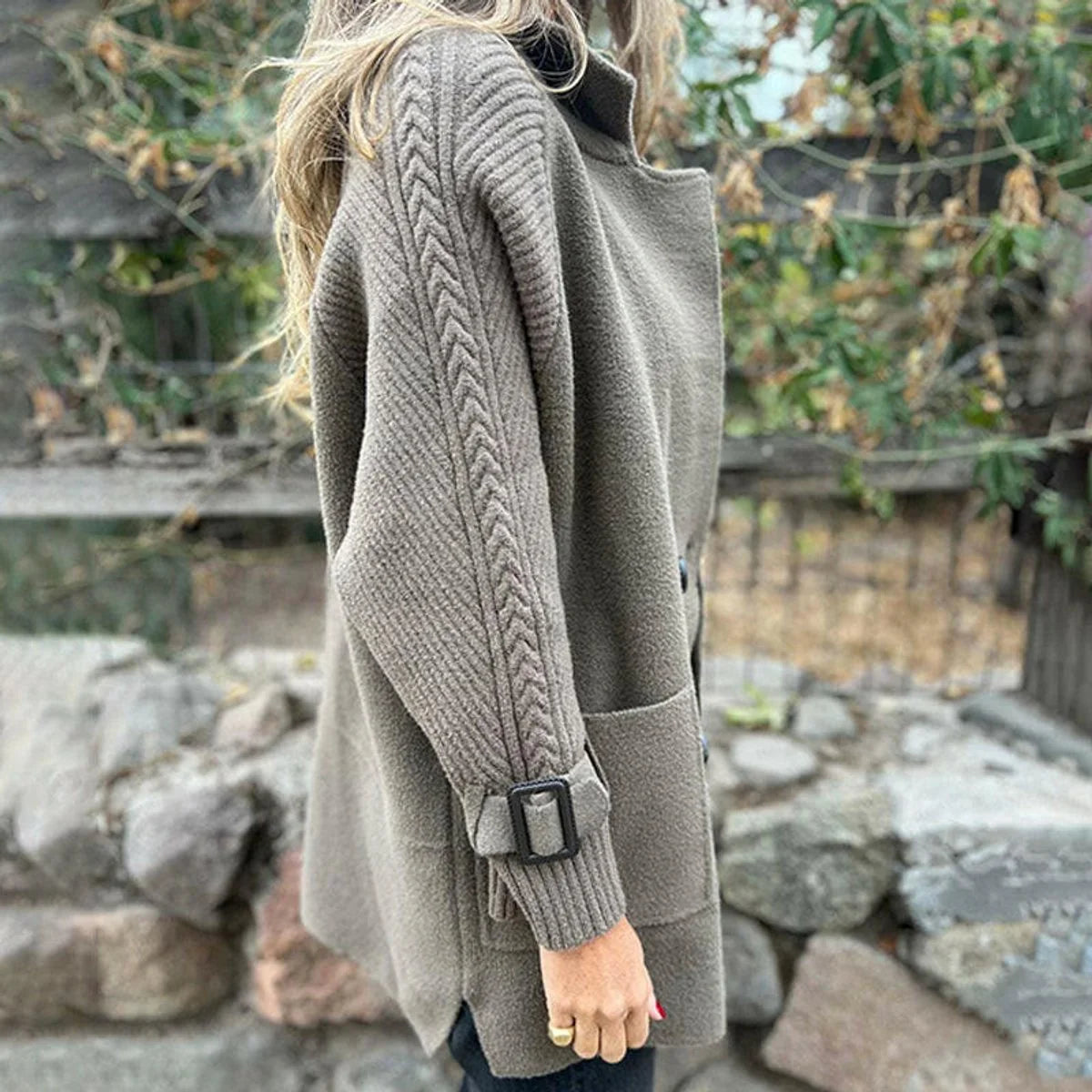 Women's Knit Midi Coat – Textured Bell Sleeves