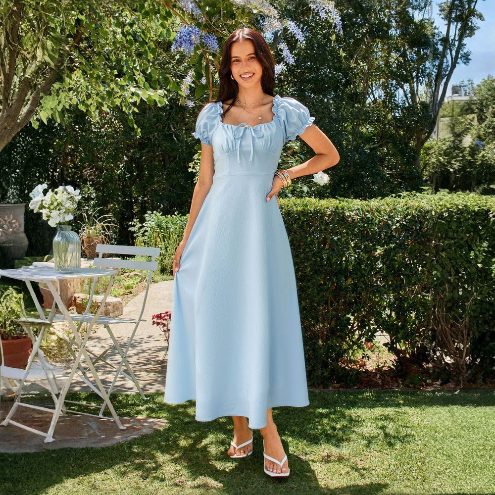 Women's Square-Neck Midi Dress – Lace-Up A-Line Fit