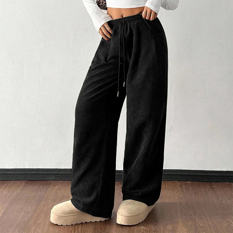 Women's Wide-Leg Corduroy Pants – Relaxed Drawstring Fit
