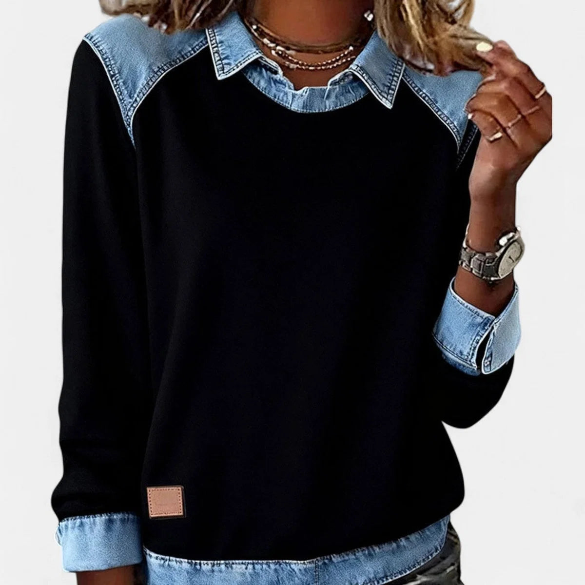 Women's Raglan Knit Sweater – Denim-Look Collar