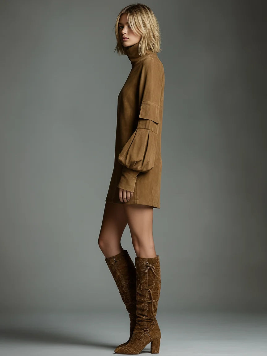 Women's High-Neck Mini Dress – Long Sleeve Straight Fit
