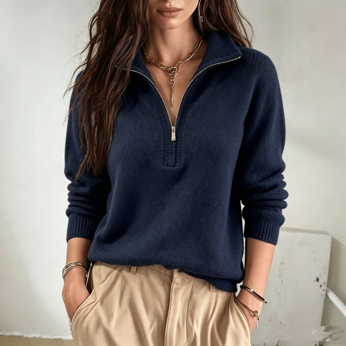 Women's Half-Zip Knit Sweater – Relaxed High Neck