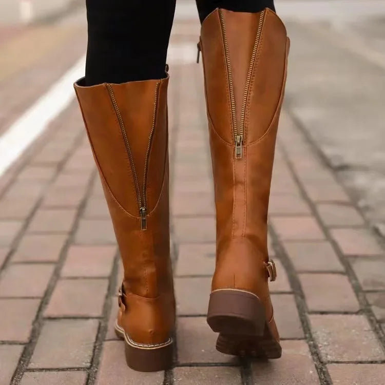 Women's Block Heel Boots – Mid-Calf Strap Detail