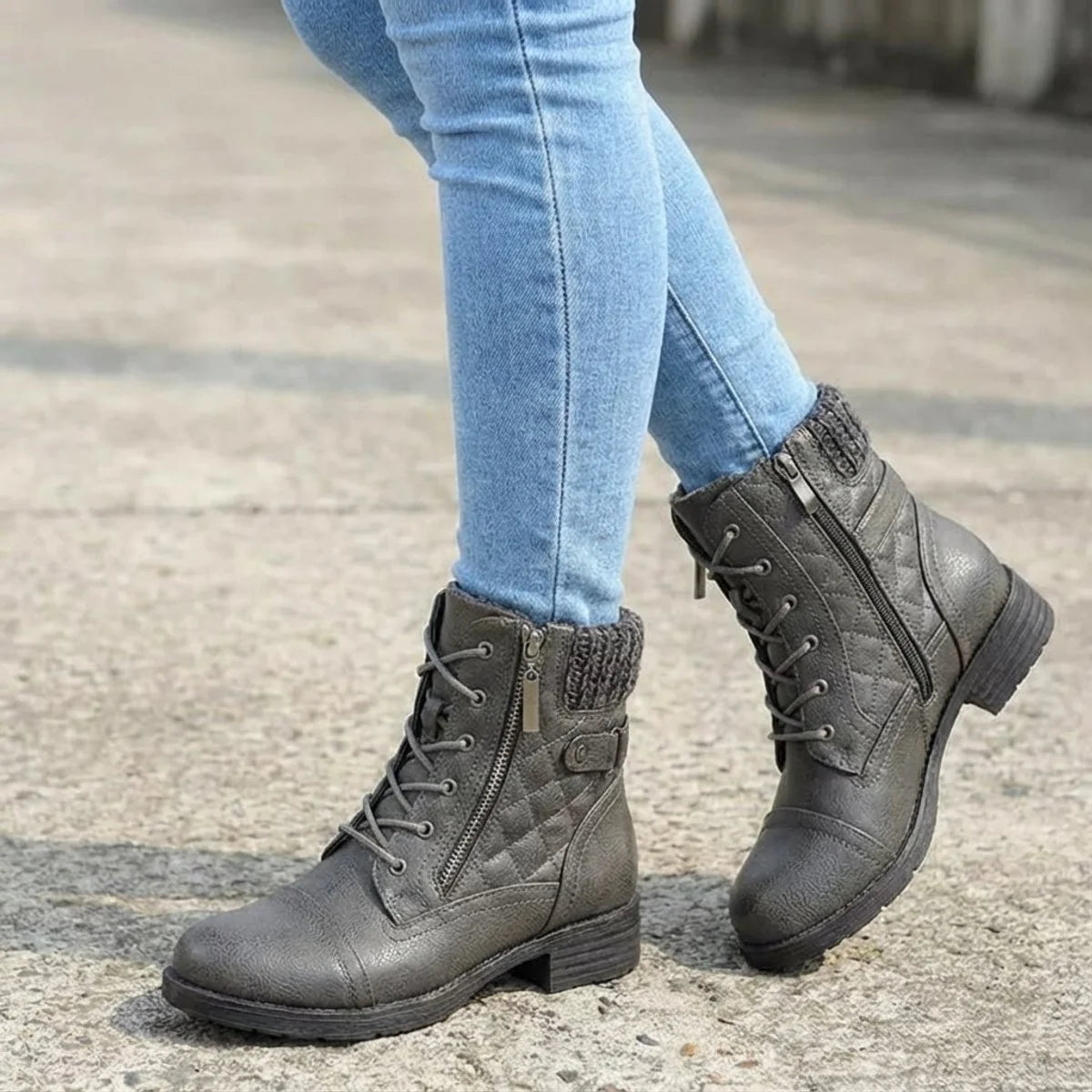 Women's Lace-Up Ankle Boots – Side Zip Block Heel