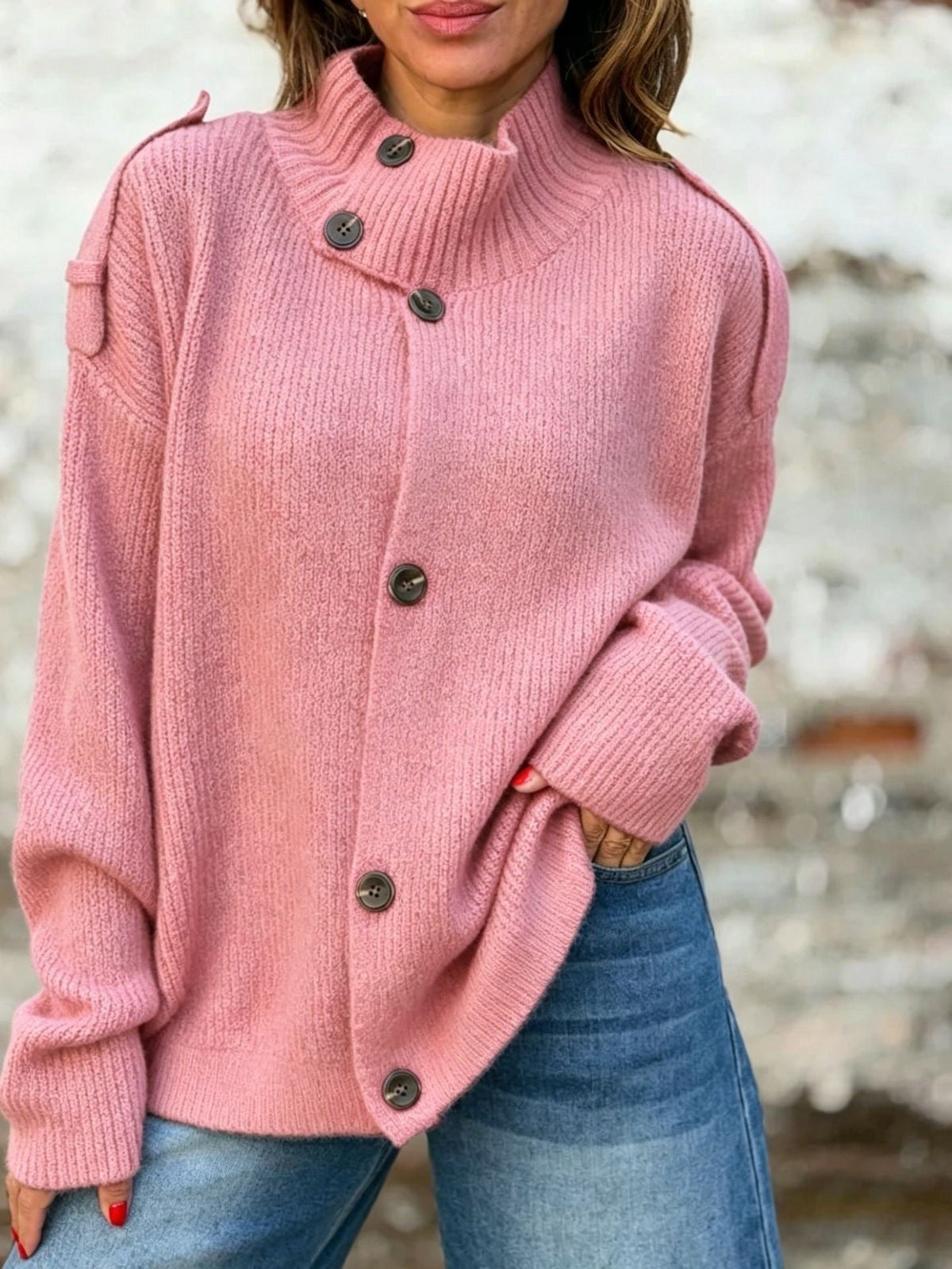 Women's Turtleneck Knit Cardigan – Hip-Length Button Front
