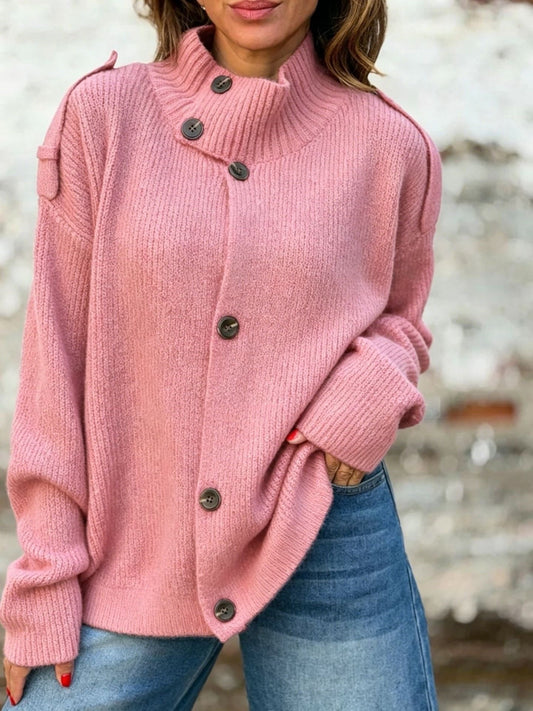 Women's Turtleneck Knit Cardigan – Hip-Length Button Front