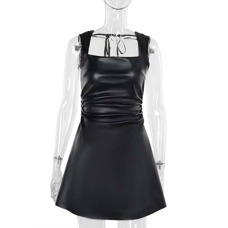 Women's Pleated Mini Dress – Square Neck Slim Fit