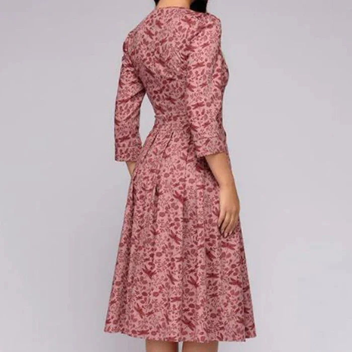 Women's Printed Midi Dress – Pleated Flared Skirt