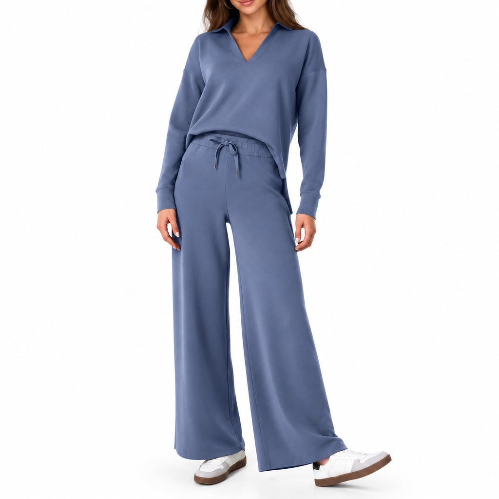 Women's Two-Piece Set – V-Neck Top and Straight Pants