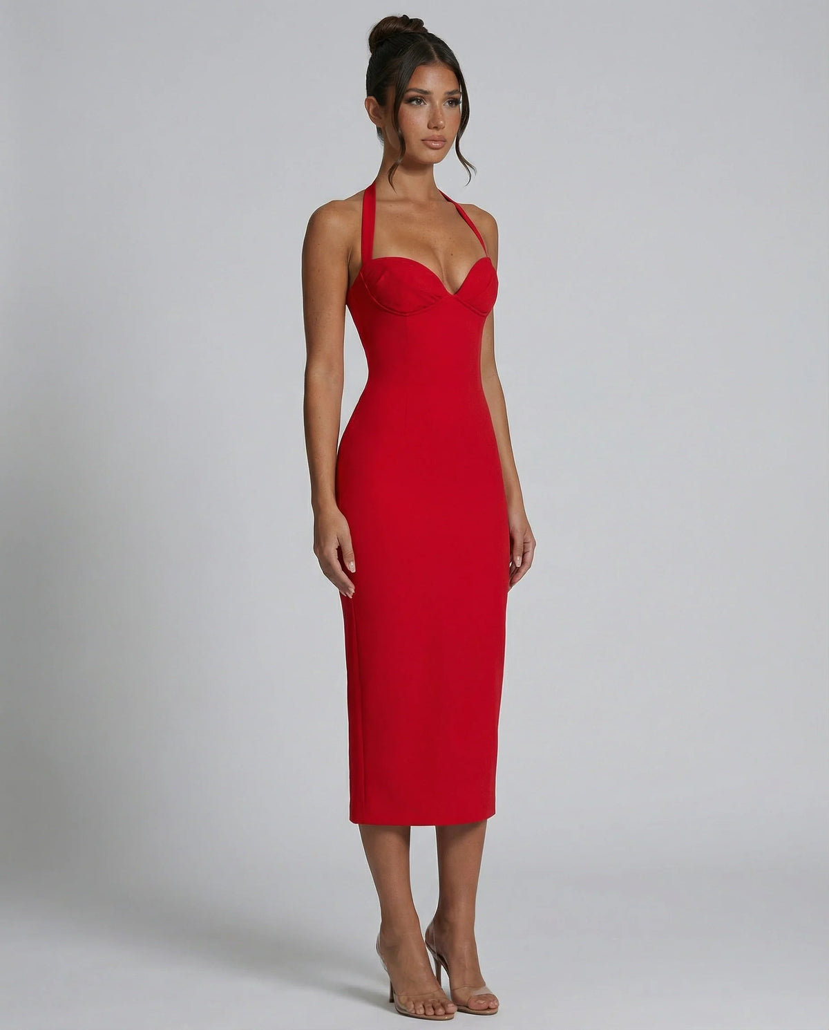 Women's Halter Midi Dress – Structured Back-Slit Cut