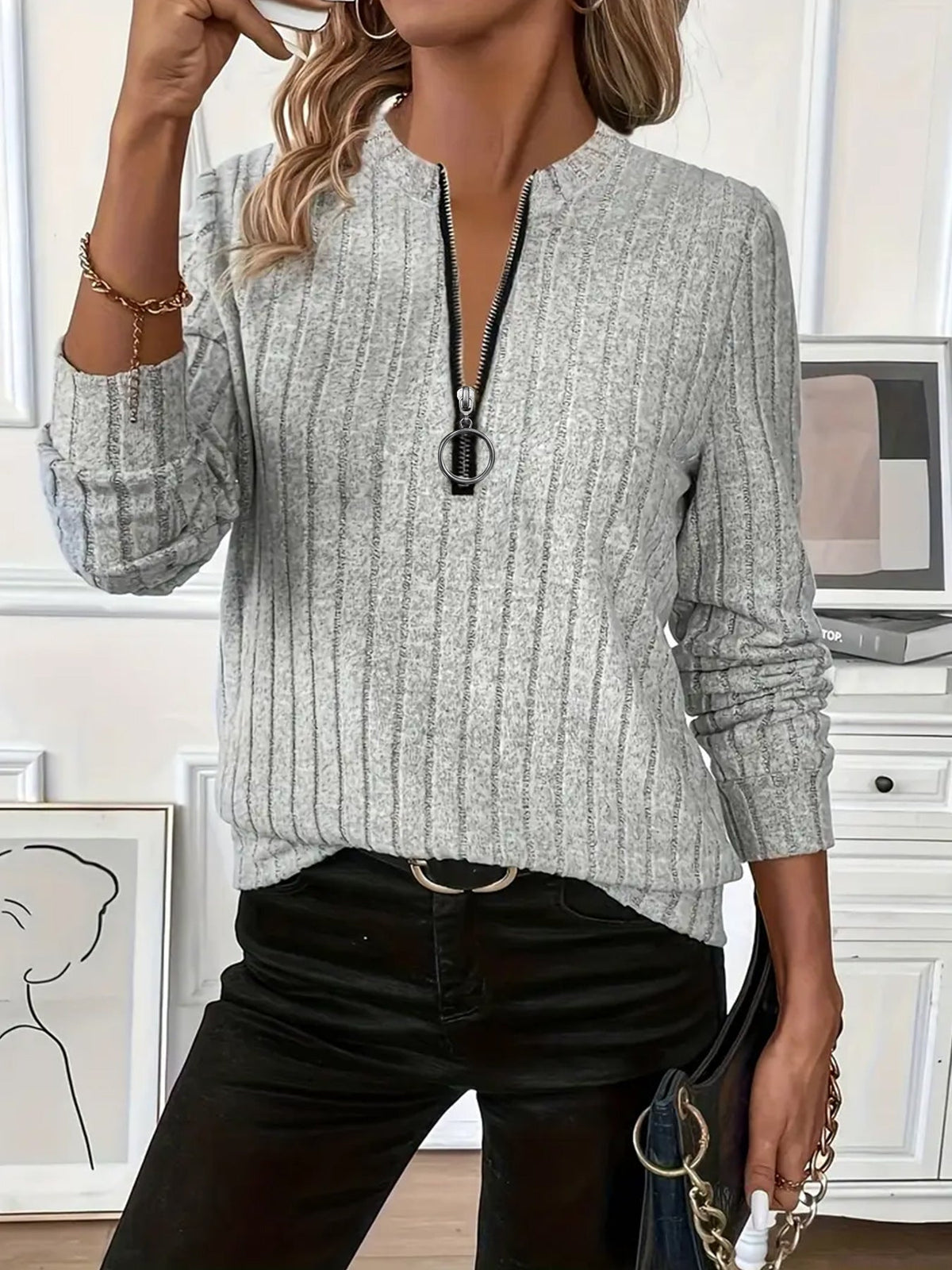Women's Rib-Knit Top – Relaxed Zip Neckline