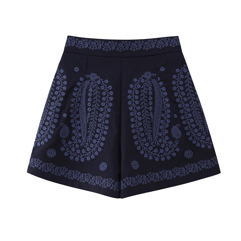 Women's Wide-Leg A-Line Shorts – High-Waisted Embroidered