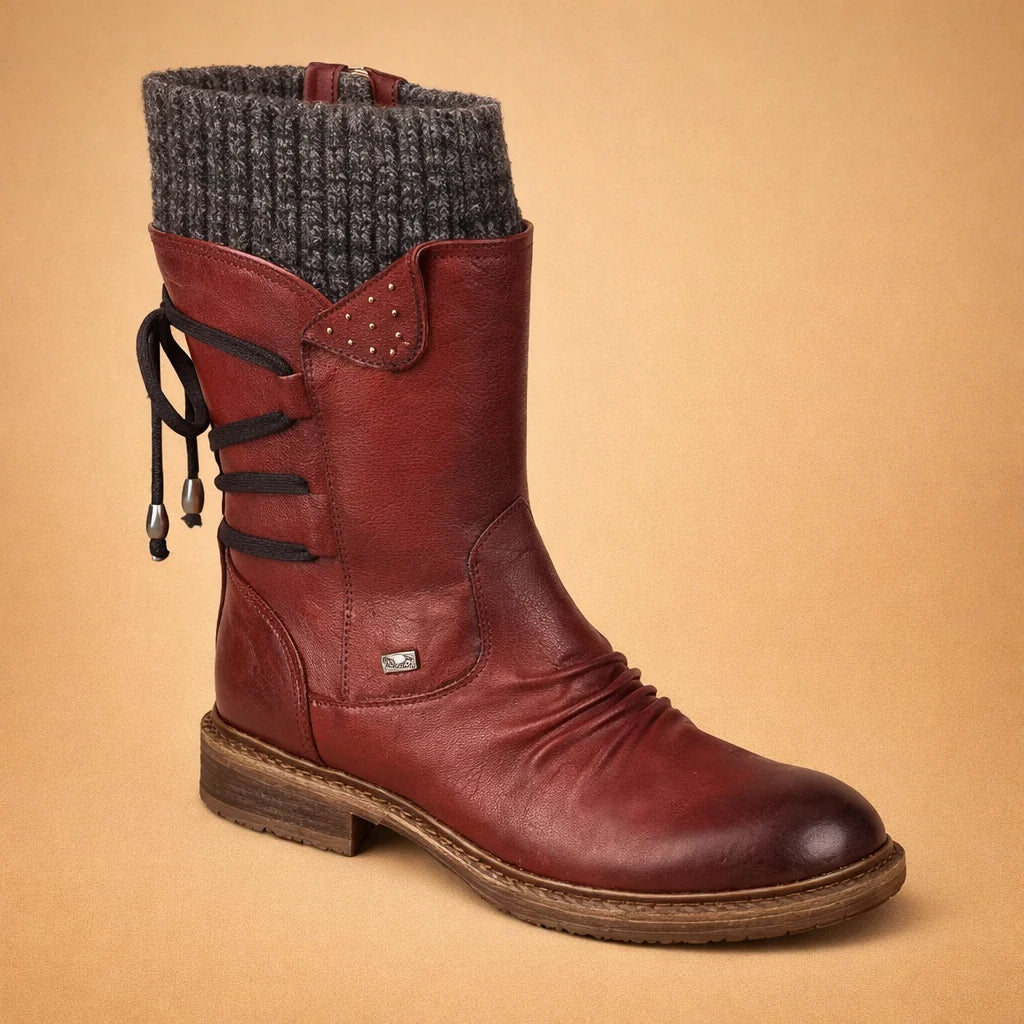 Women's Vegan Leather Boots – Back Lace-Up Mid-Calf