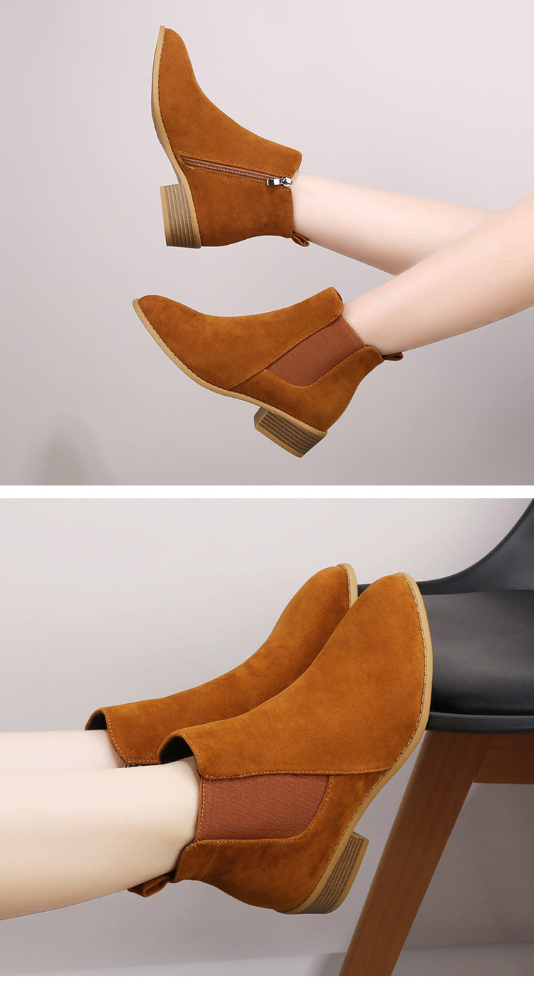 Women's Suede Ankle Boots – Pointed Toe Block Heel
