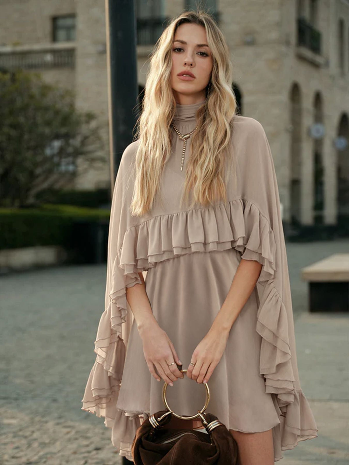 Women's Chiffon Midi Dress – Ruffle Trim Relaxed Fit