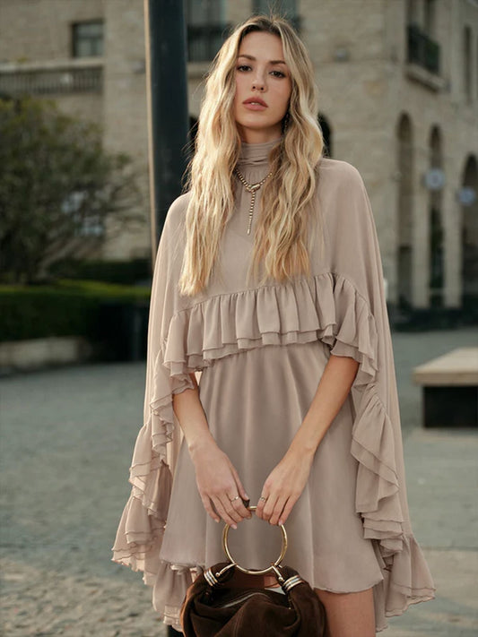 Women's Chiffon Midi Dress – Ruffle Trim Relaxed Fit