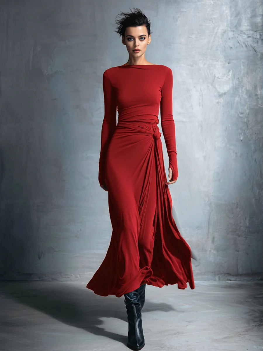Women's Wrap Maxi Dress – Long Sleeve Tie Waist