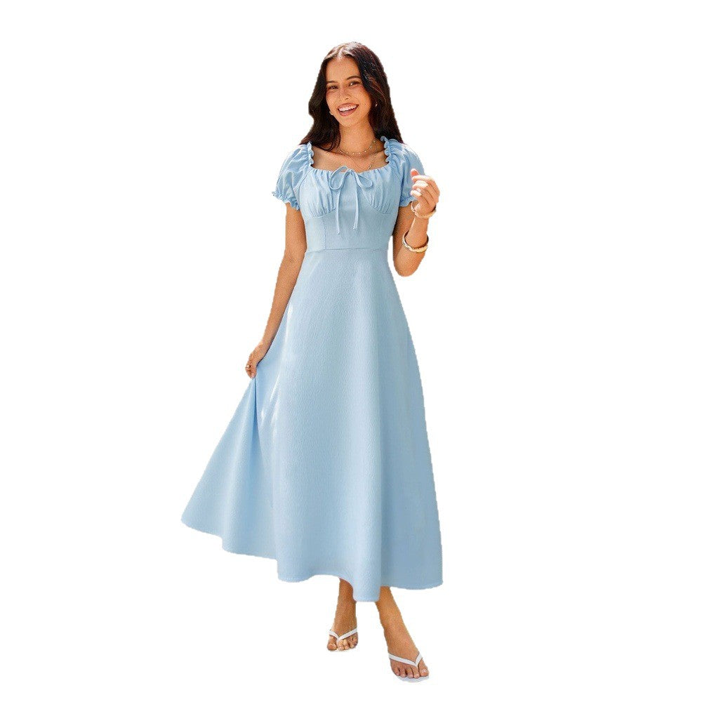 Women's Square-Neck Midi Dress – Lace-Up A-Line Fit