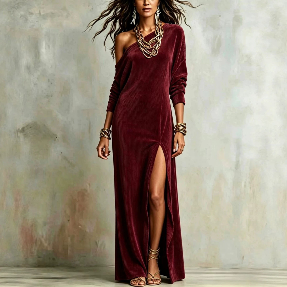 Women's Ribbed One-Shoulder Maxi Dress – Thigh Slit Detail