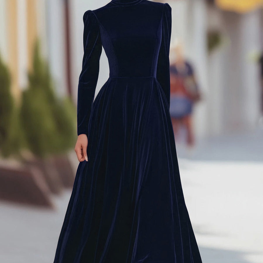 Women's High-Neck Maxi Dress – Puff Sleeve Flared Skirt