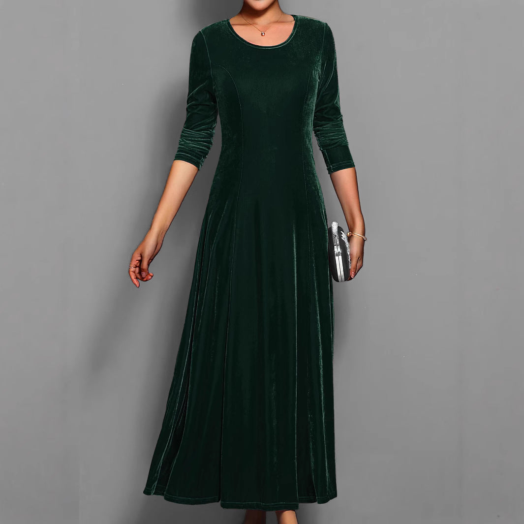 Women's Velvet Maxi Dress – A-Line Three-Quarter Sleeve