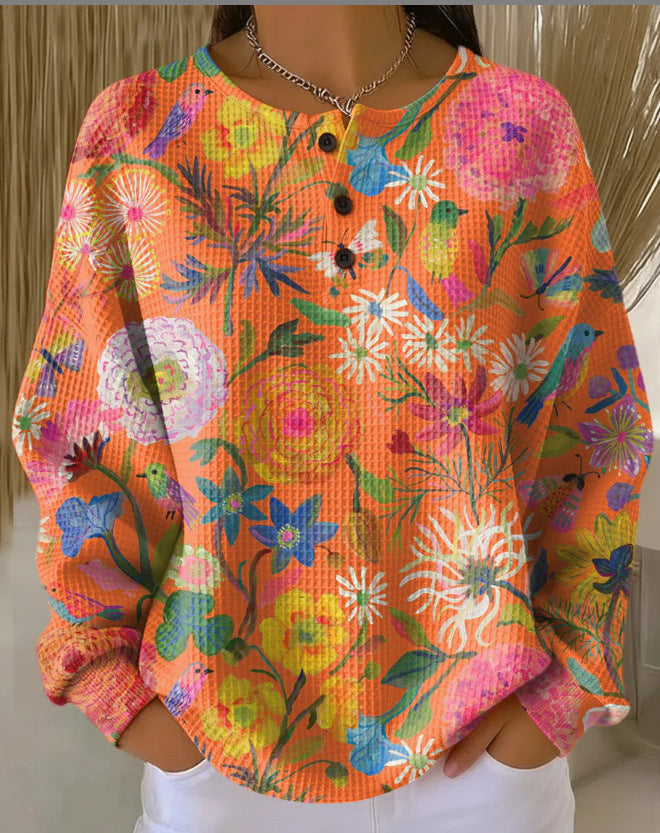 Women's Printed Hoodie – Buttoned Neckline Relaxed Fit