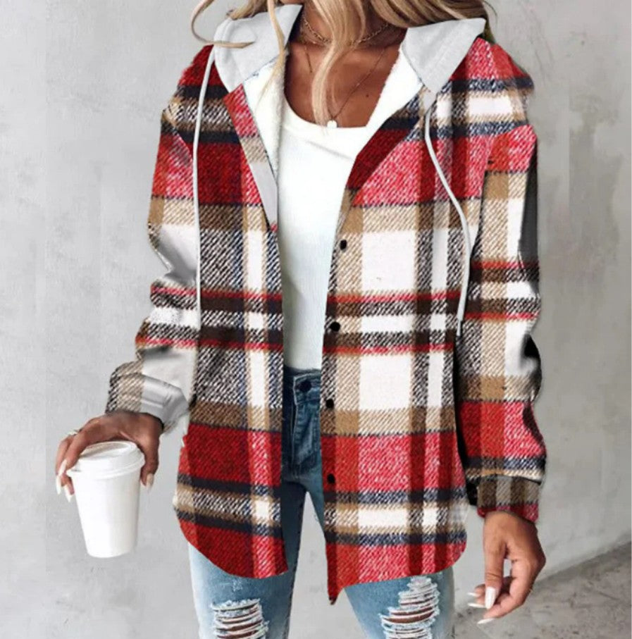 Women's Hooded Plaid Jacket – Relaxed Button Front