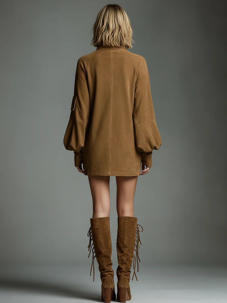 Women's High-Neck Mini Dress – Long Sleeve Straight Fit
