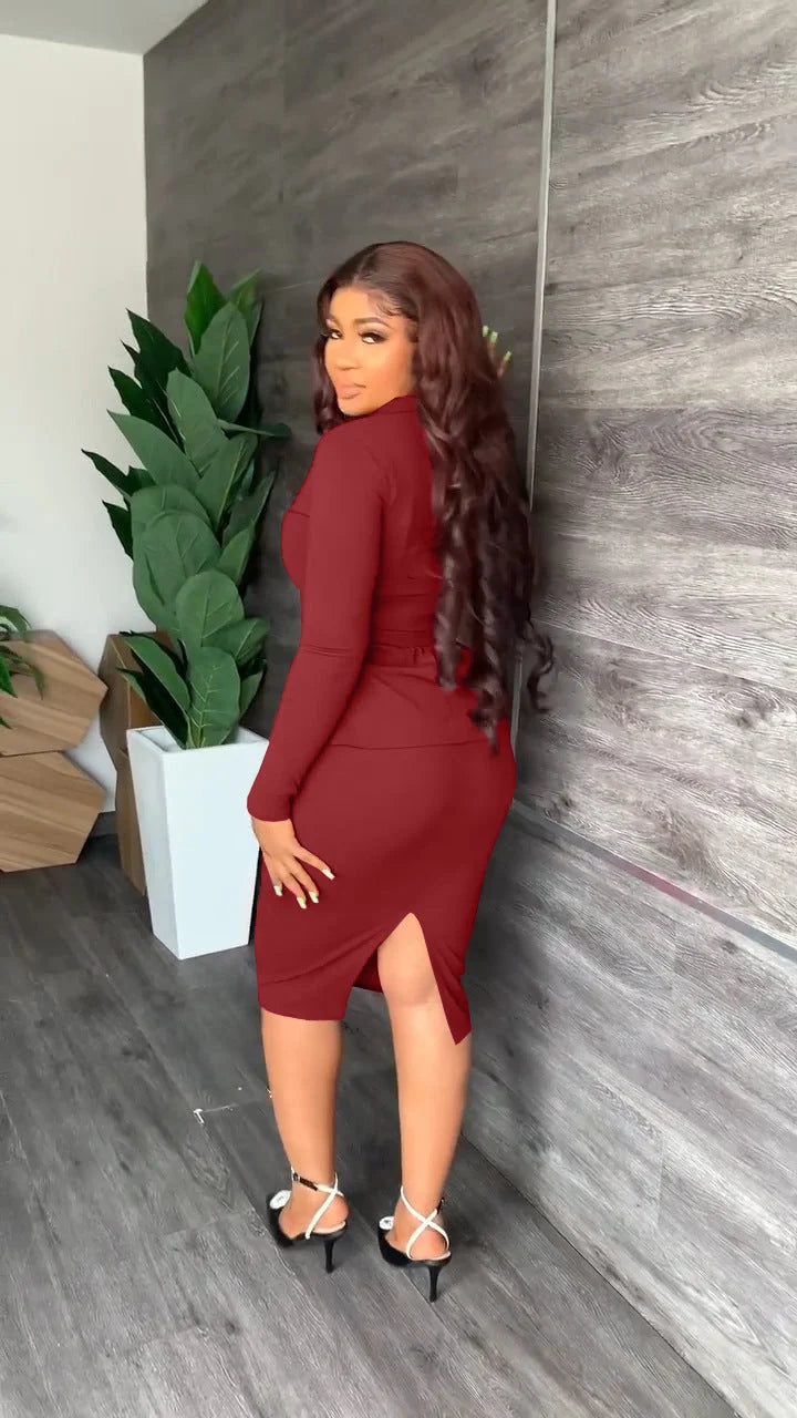 Women's Blazer and Midi Skirt Set – Shirt Collar Tailored