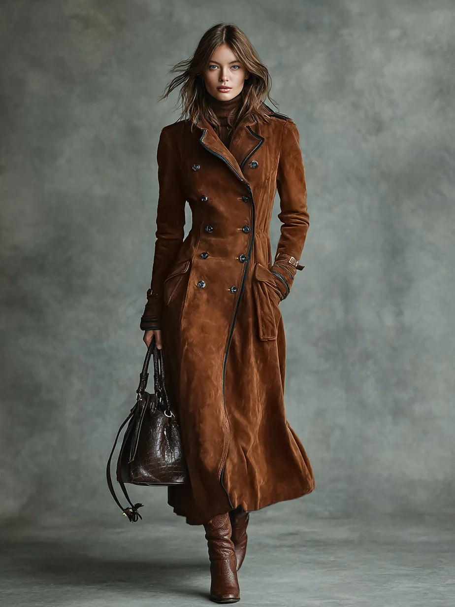 Women's Suede-Look Longline Coat – Tailored Lapel Open Front