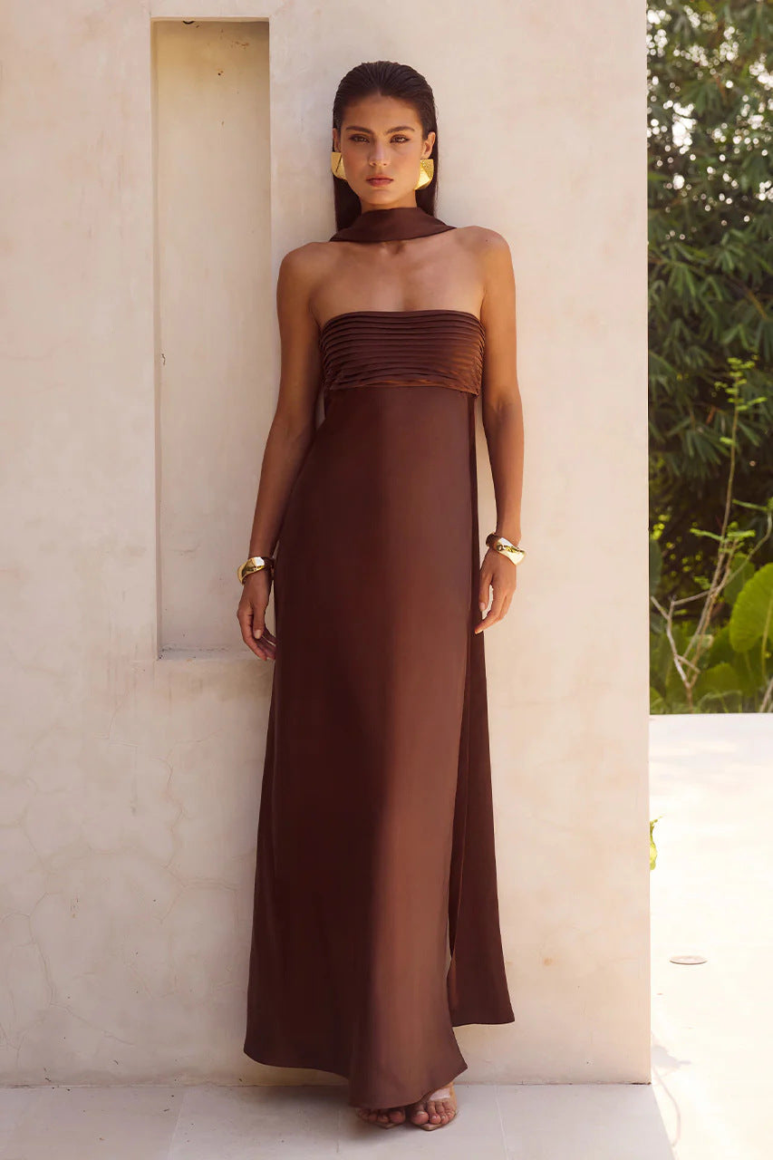 Women's Strapless Maxi Dress – Lace-Up Satin Bodice