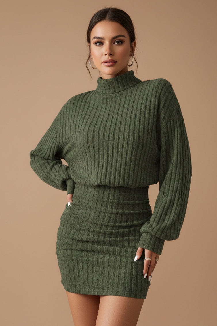 Women's Ribbed Knit Two-Piece Set – High Neck Top & Skirt
