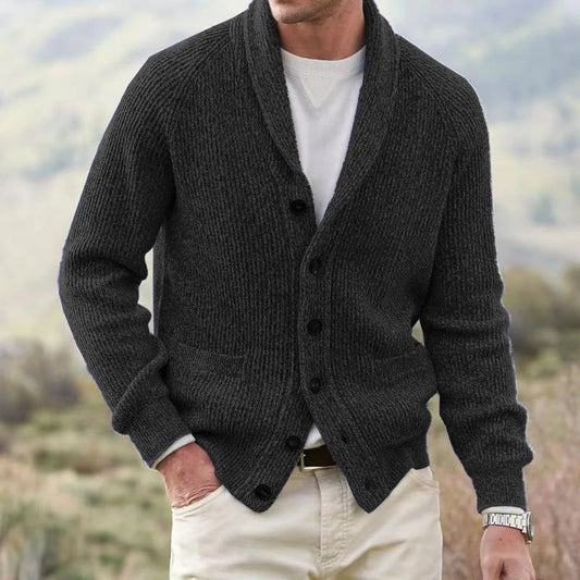 Men's V-Neck Knit Cardigan – Relaxed Thick-Knit Fit