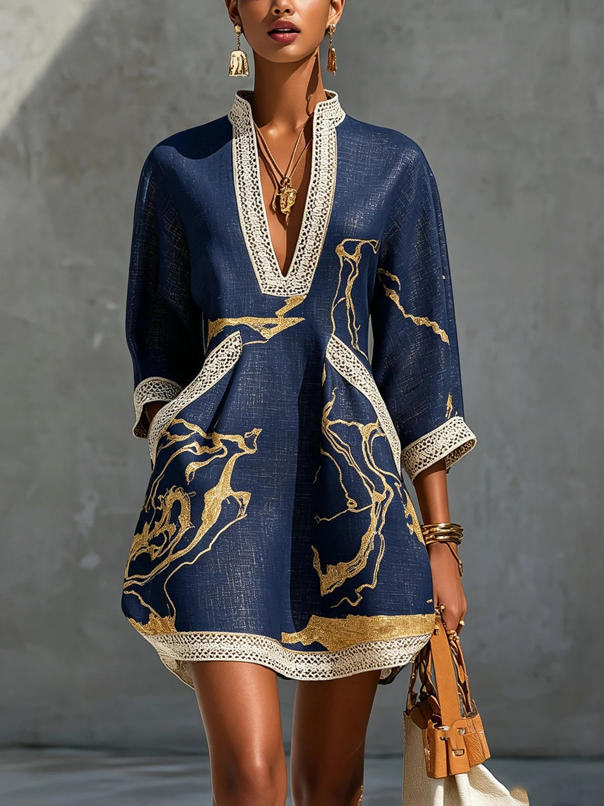 Women's Lace-Trim Mini Dress – V-Neck Three-Quarter Sleeve