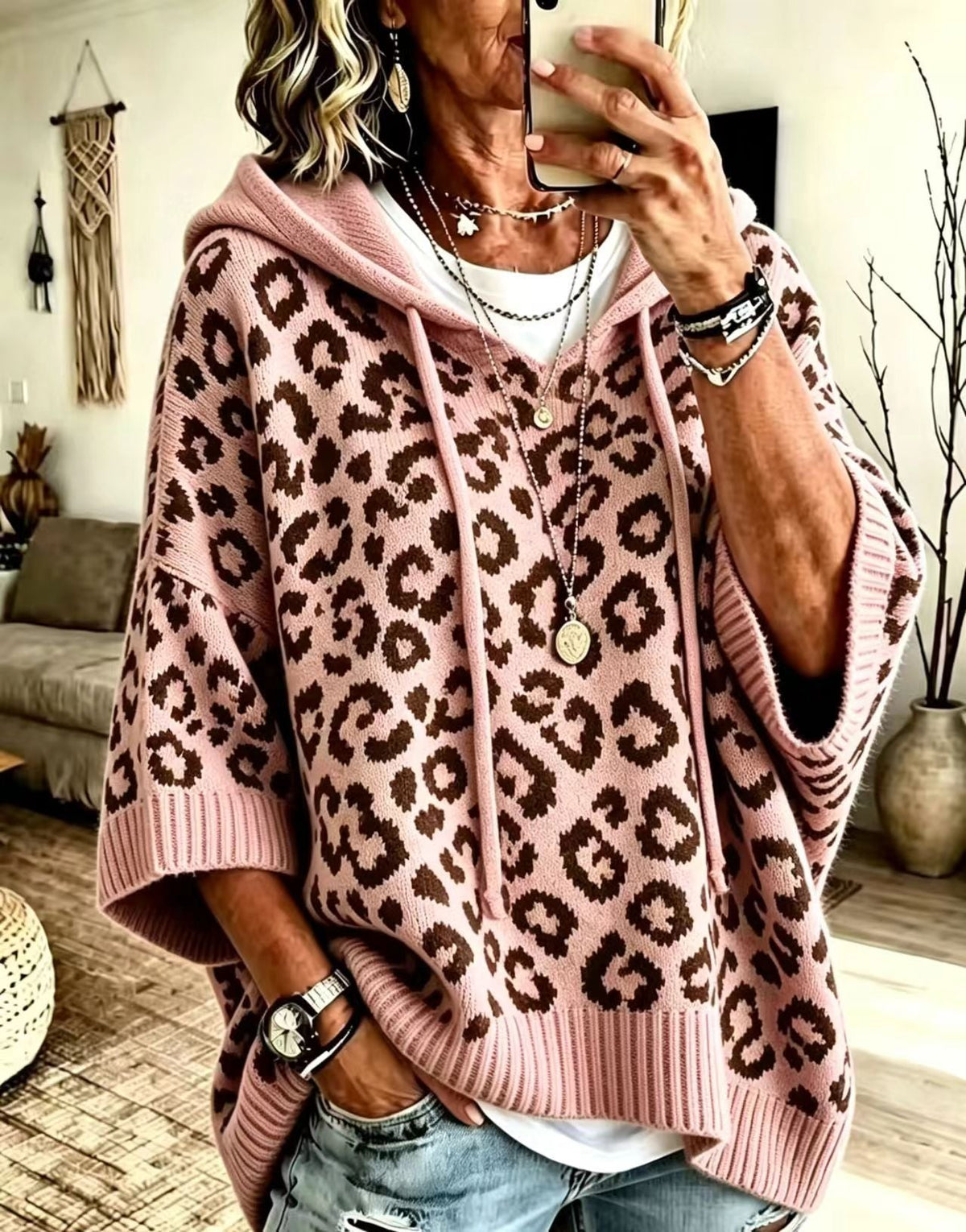 Women's Knit Hoodie – Leopard Pattern Pullover
