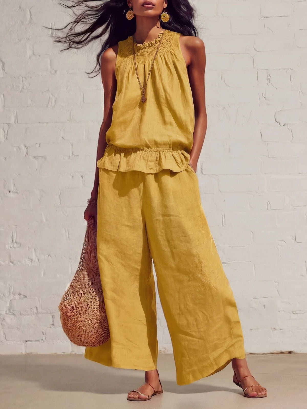 Women's Two-Piece Set – Ruffle Vest & Straight Pants