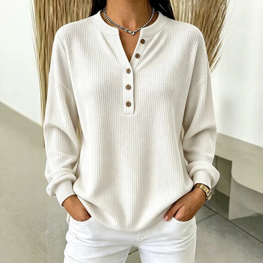 Women's Ribbed Henley Top – Relaxed Long Sleeve