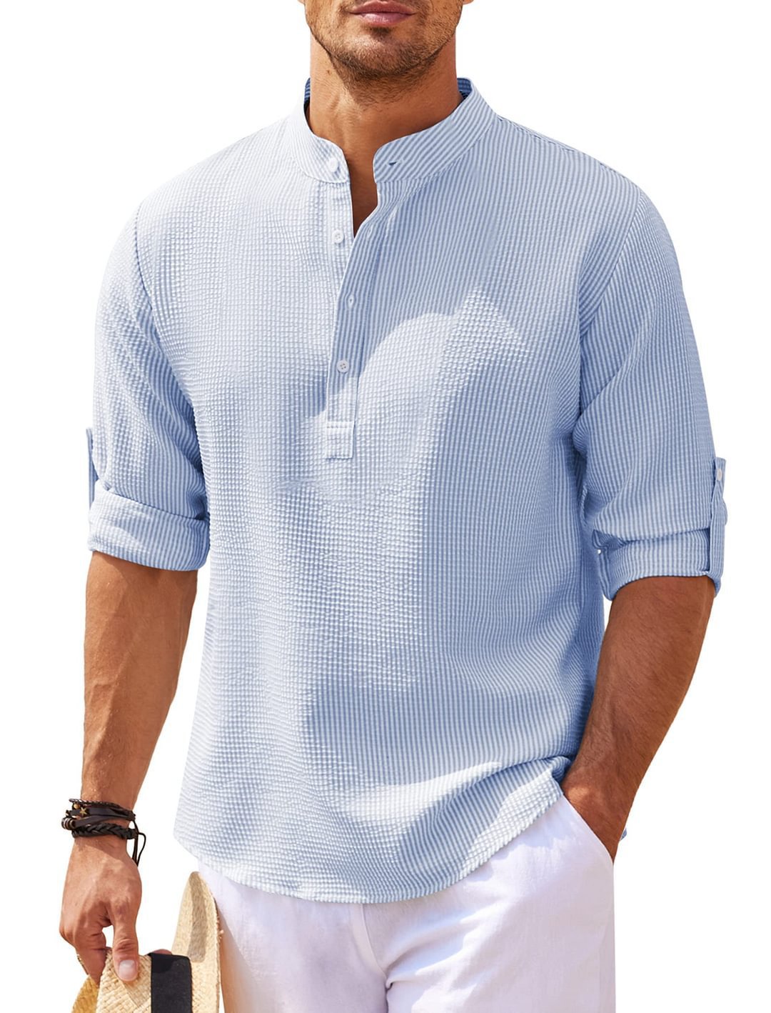 Men's Textured Button-Up Shirt – Stand Collar Regular Fit