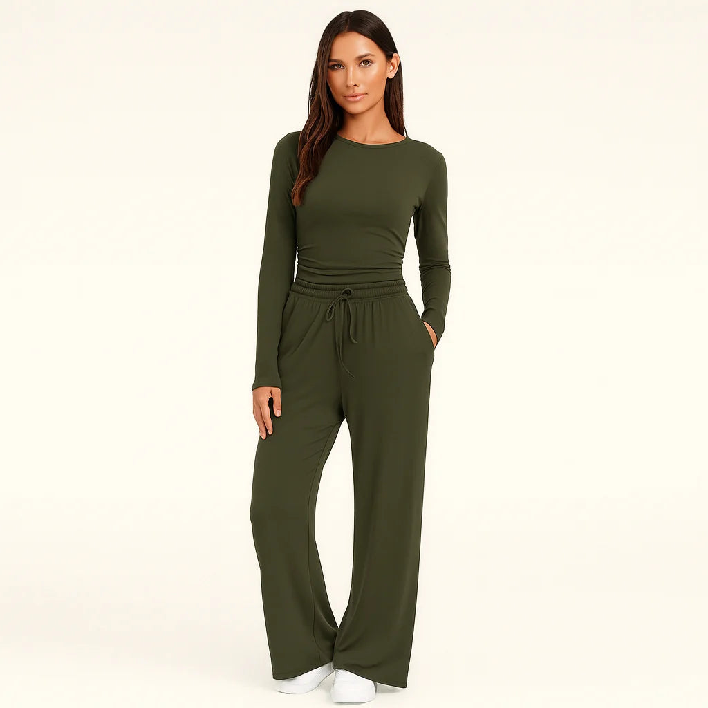 Women's Two-Piece Set – Wide-Leg Pants & Long-Sleeve Top