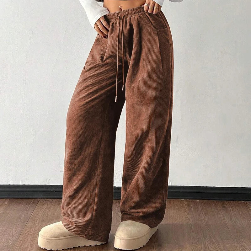Women's Wide-Leg Corduroy Pants – Relaxed Drawstring Fit