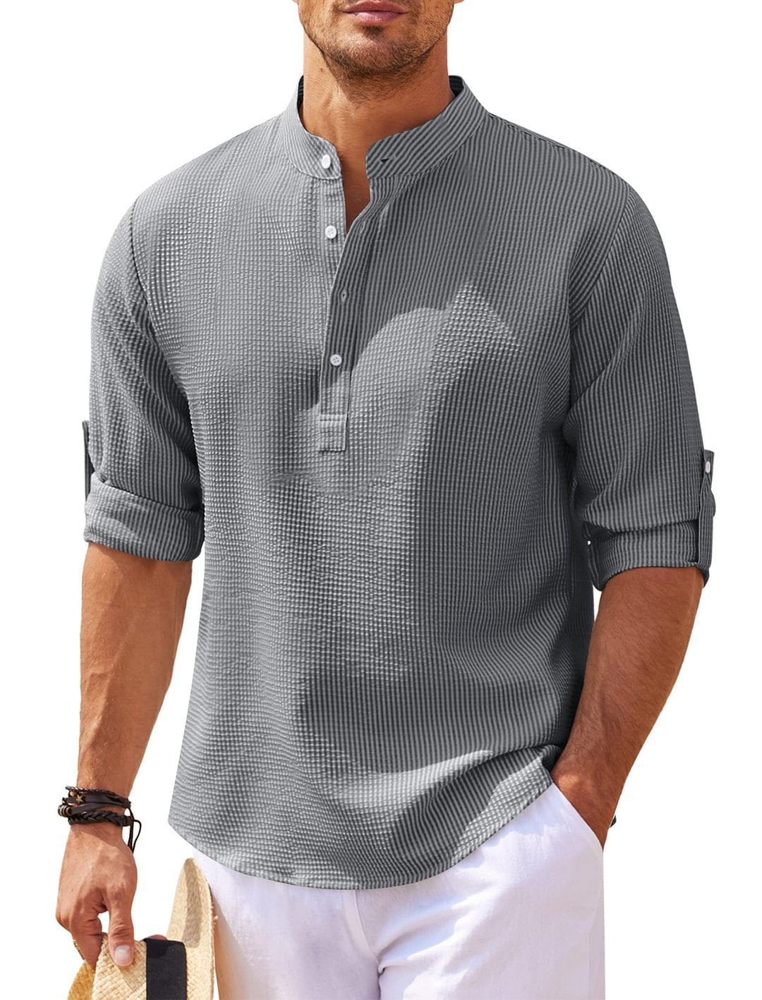 Men's Textured Button-Up Shirt – Stand Collar Regular Fit